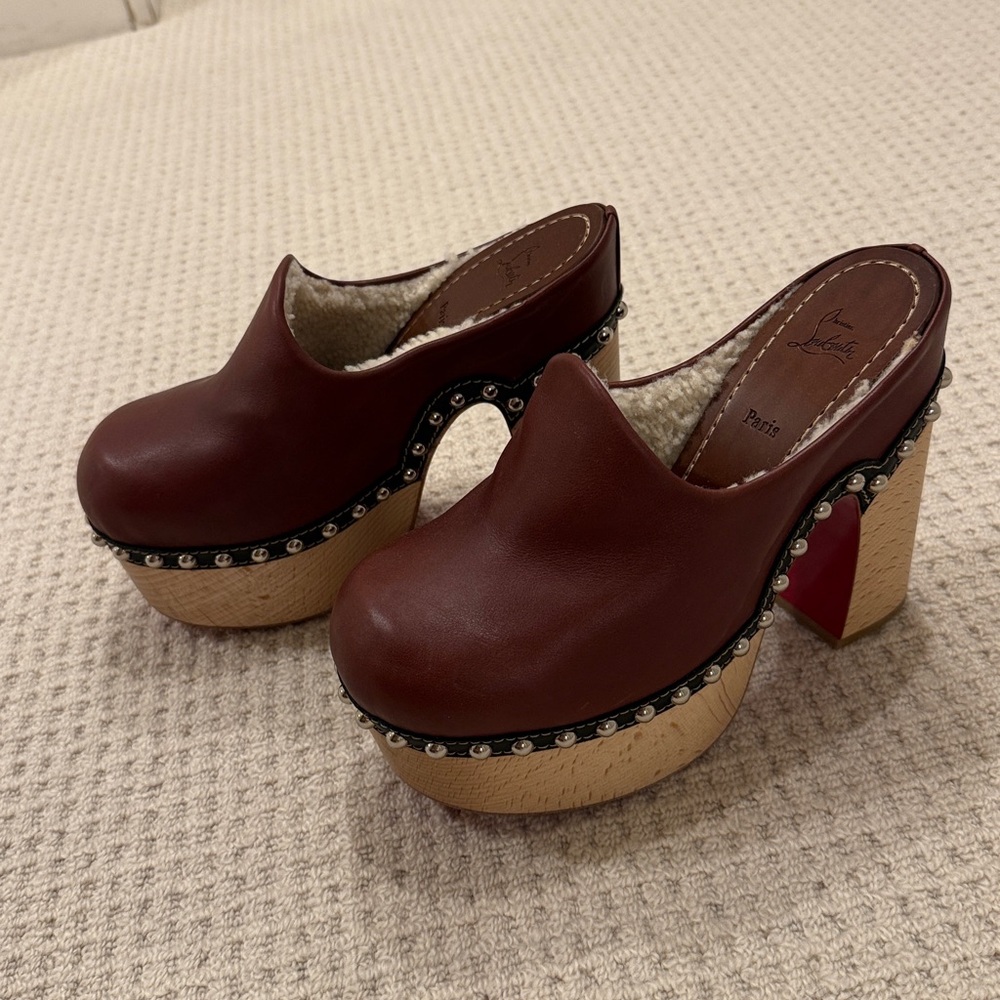 Christian Louboutin Burgundy Leather Platform Clogs with Red Sole